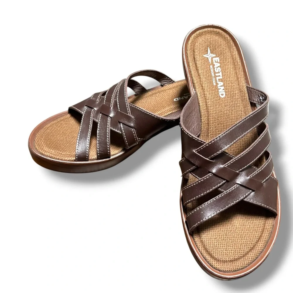 Eastland Womens Brown Poppy Strappy Memory Foam Wedge Slide Sandals Platform